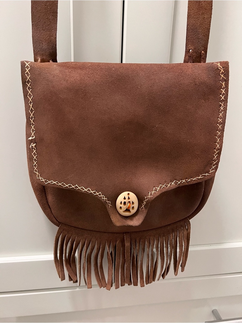 VTG Brown Genuine Suede Leather Fringe Crossbody Bag Boho Western Hippie Purse